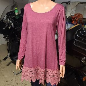 Burgundy long sleeve lace trim blouse